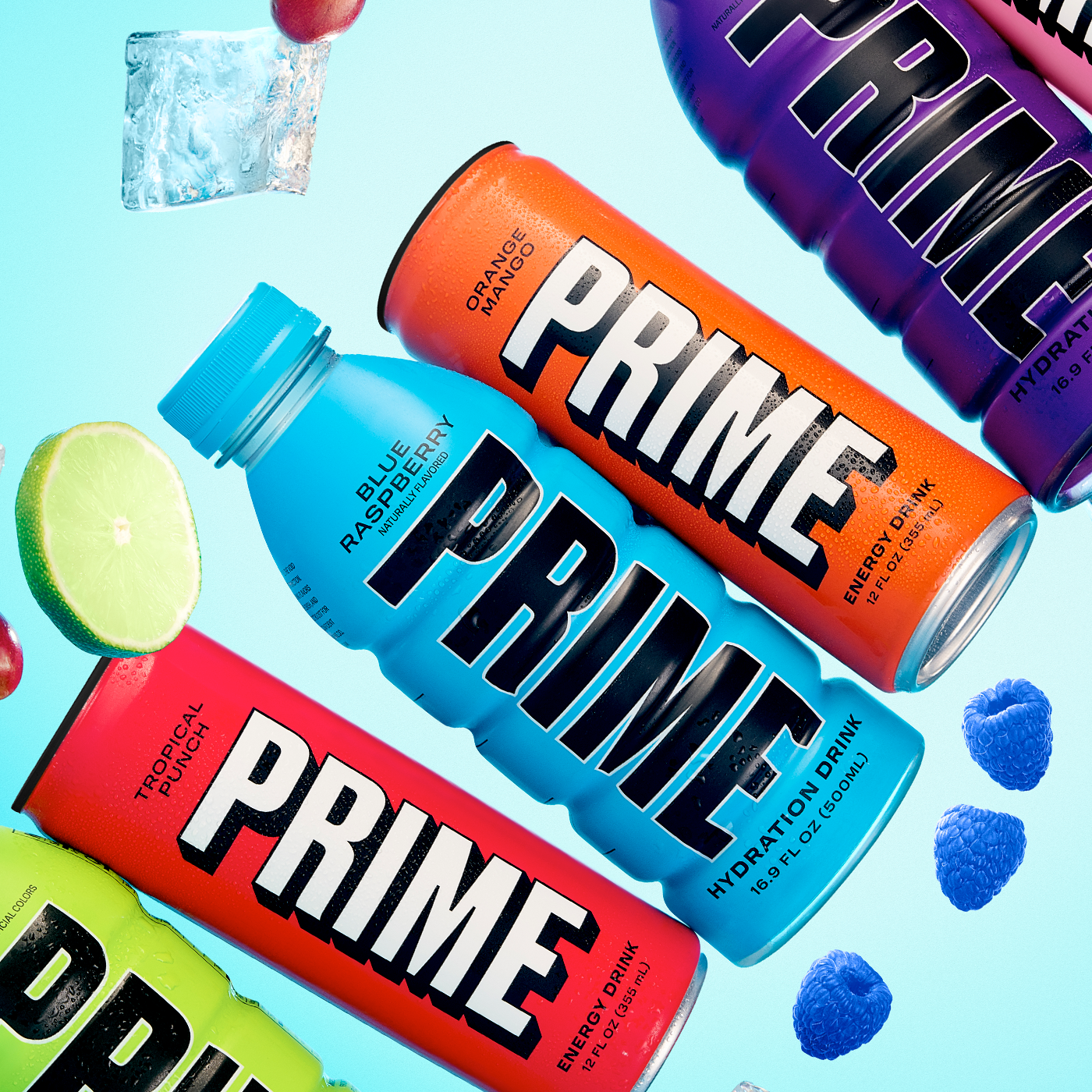 An array of Prime hydration and energy drinks in various flavors, with colorful fruits and ice suggesting the refreshing nature of the beverages.