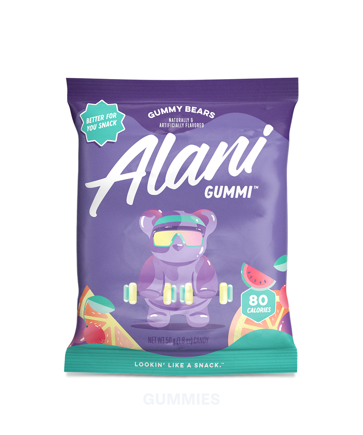 A front image of a pack of alani gummi bears. 