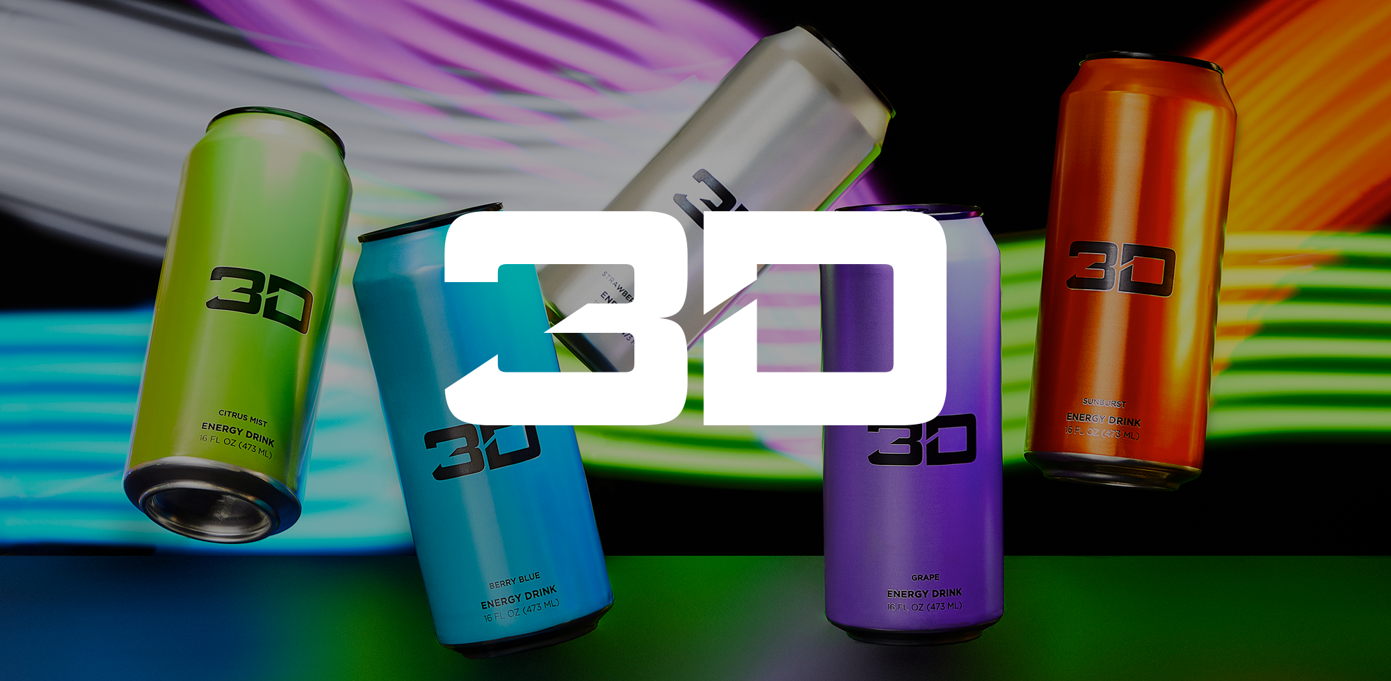 An array of '3D' energy drink cans in various flavors like citrus mist, berry blue, and sunburst, tilted at different angles, with a large '3D' logo in the center, all against a dynamic, colorful, display.