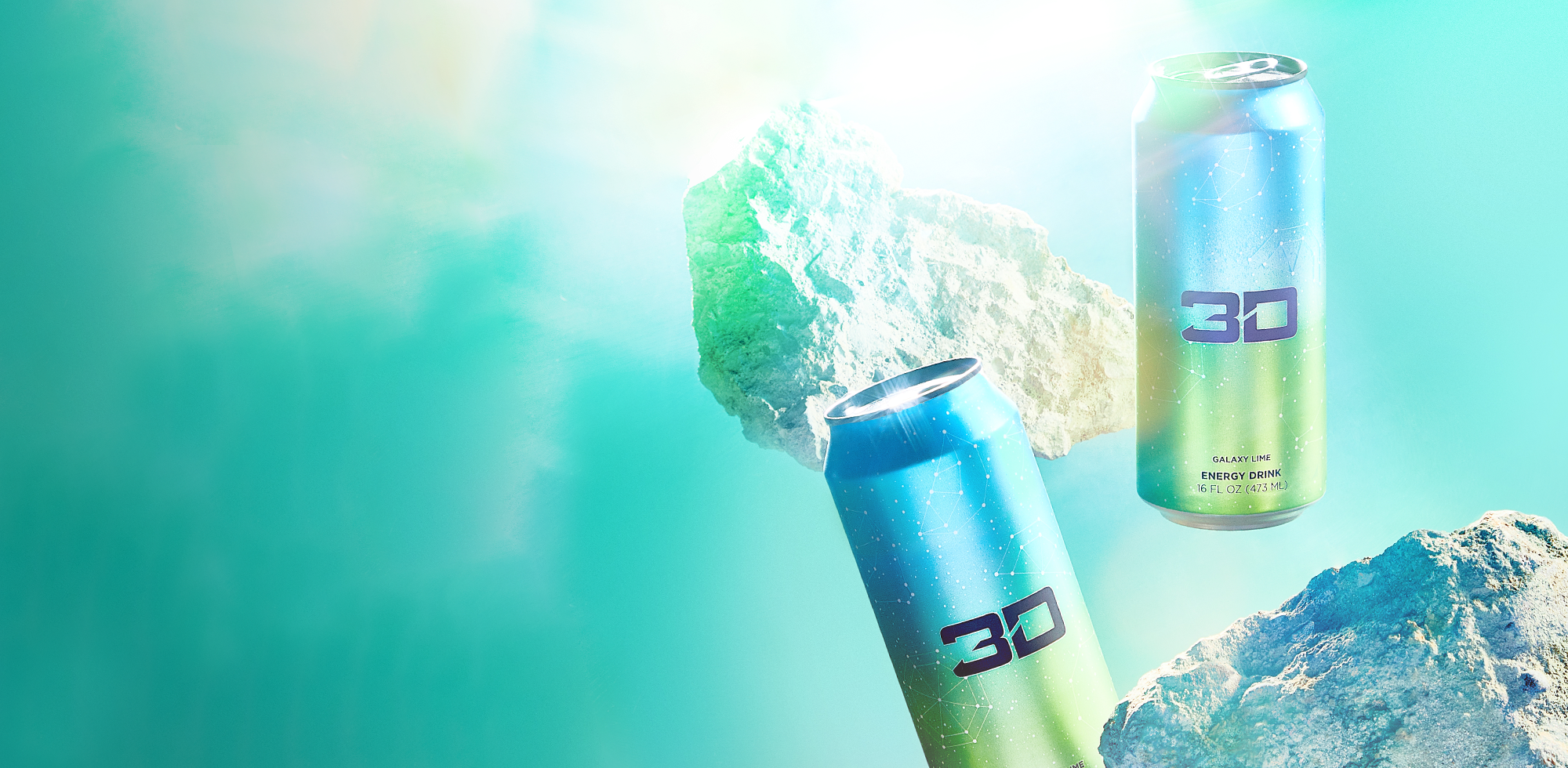 Two cans of '3D' energy drink in a 'Galaxy Lime' flavor, with one can upright and the other tilted, against a backdrop of aqua blue with rock formations, evoking a fresh and energetic feel.