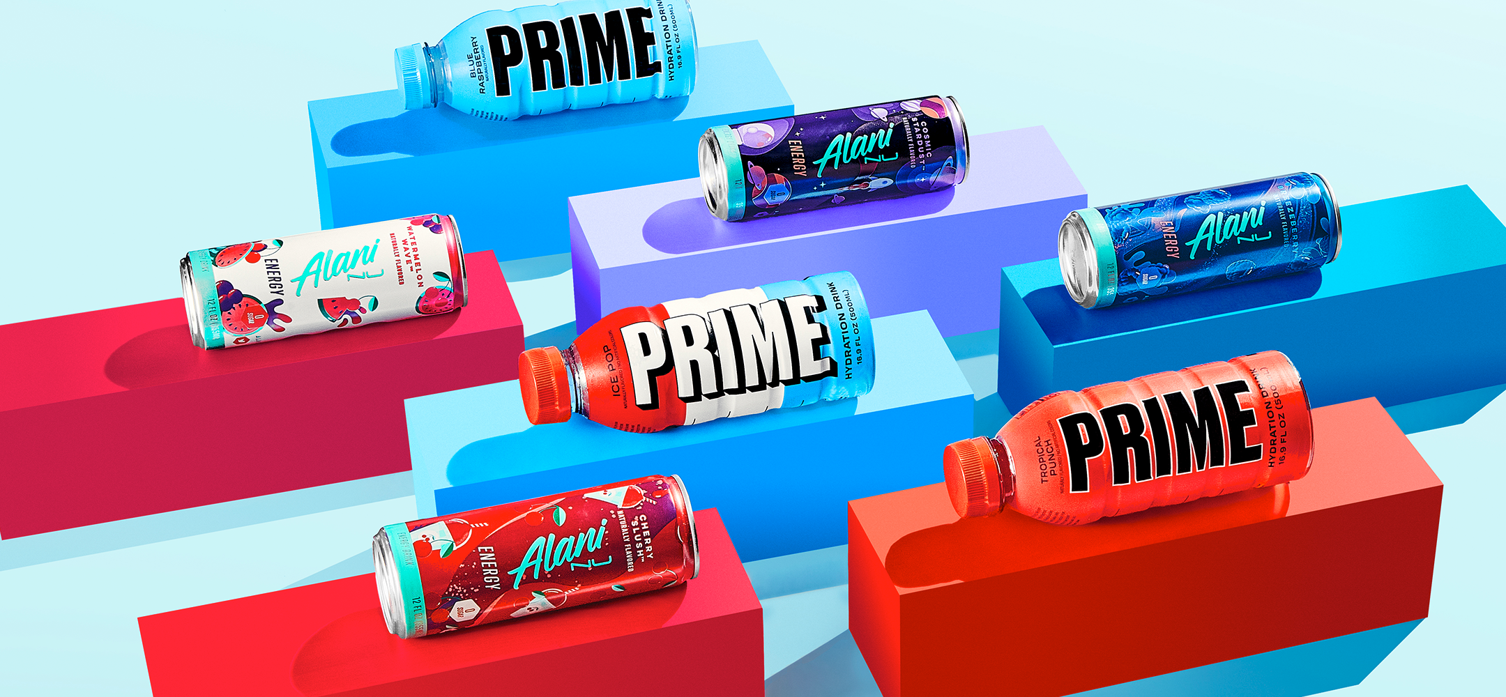 A colorful display of 'Alani' energy drink cans and 'PRIME' hydration drink bottles arranged on staggered, geometric blocks in shades of blue, pink, and red, creating a vibrant and playful composition.