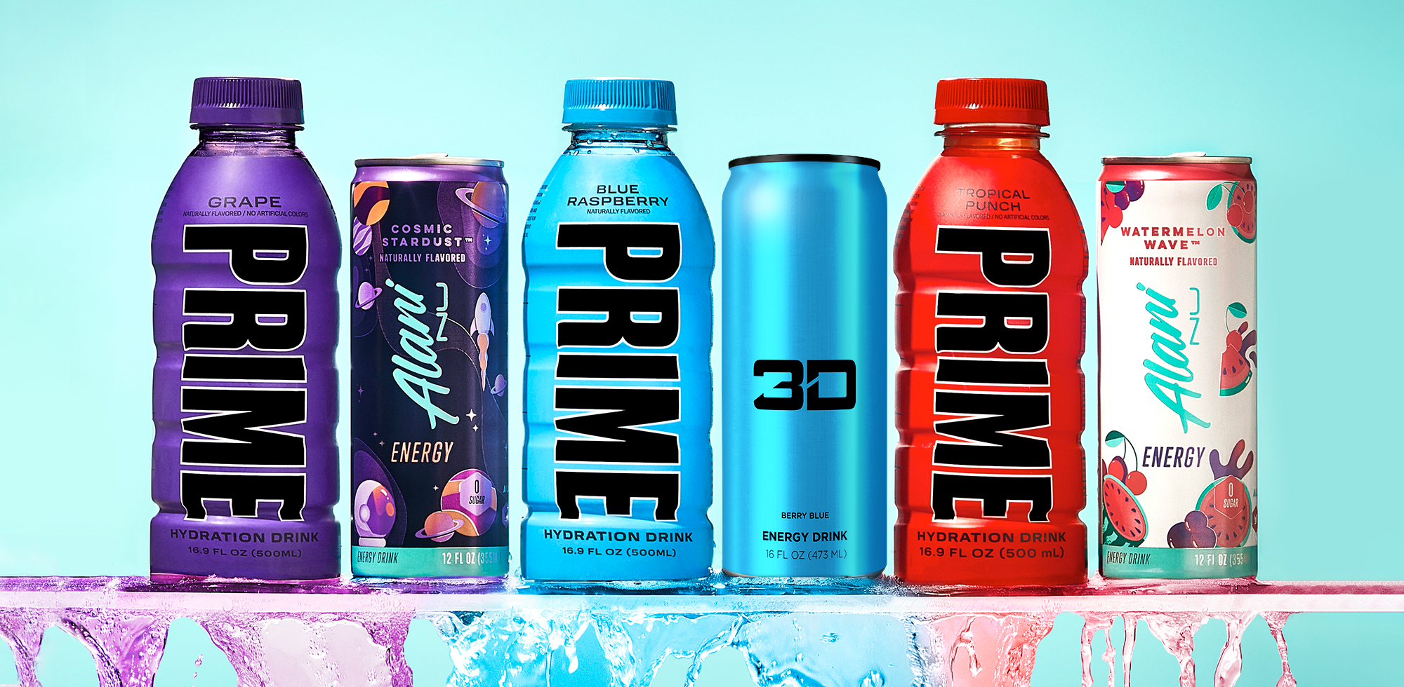 A vibrant arrangement of 'Alani' energy drink cans, 3D energy drinks, and 'PRIME' hydration drink bottles, presented in a cascading, waterfall-like layout, creating a visually dynamic showcase.