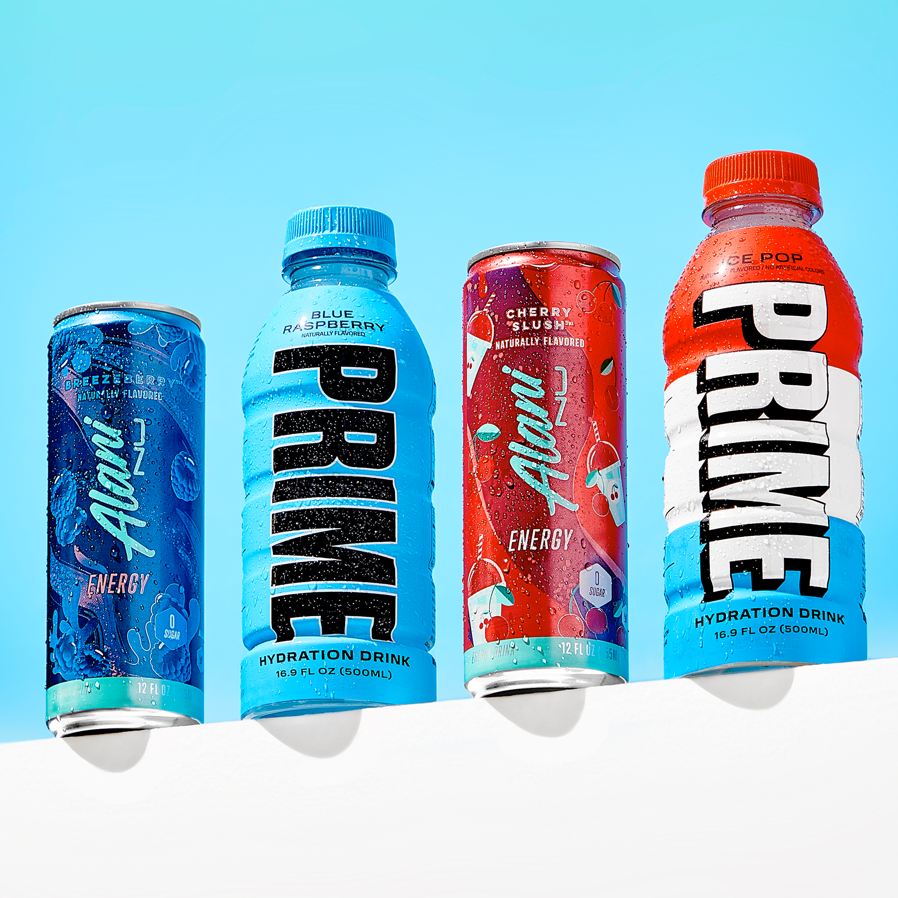  Displayed side by side are four refreshment options: a Breezberry energy drink, Prime Hydration in Blue Raspberry, a Cherry Slush-flavored energy drink, and Prime Hydration featuring the Rocket Pop flavor.